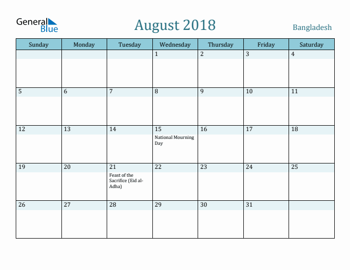 August 2018 Calendar with Holidays