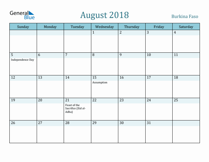 August 2018 Calendar with Holidays