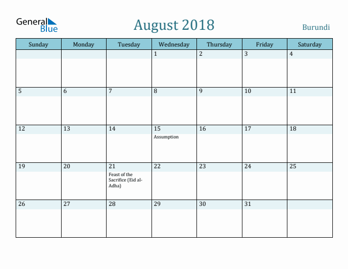 August 2018 Calendar with Holidays