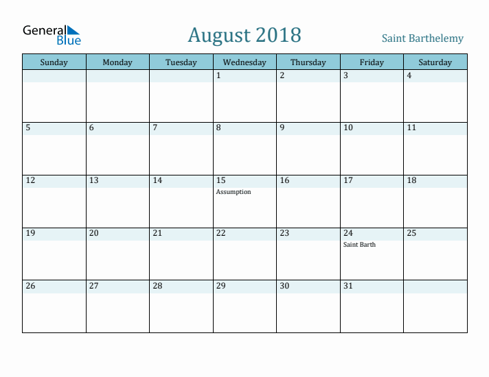 August 2018 Calendar with Holidays