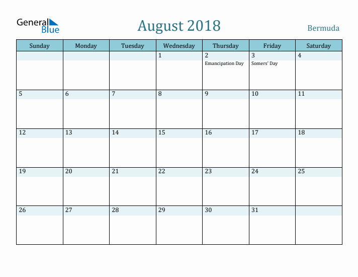 August 2018 Calendar with Holidays