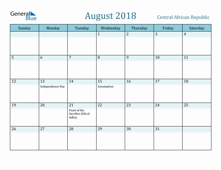 August 2018 Calendar with Holidays