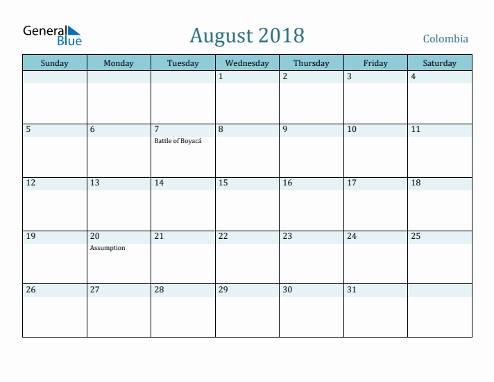 August 2018 Calendar with Holidays