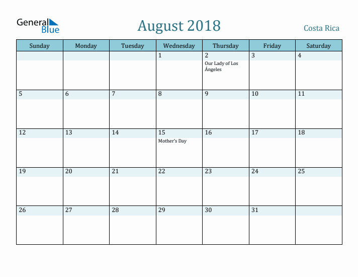 August 2018 Calendar with Holidays