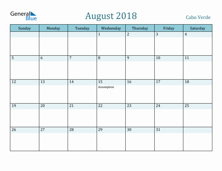 August 2018 Calendar with Holidays