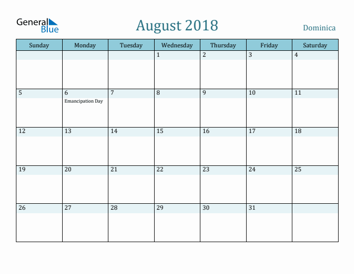 August 2018 Calendar with Holidays