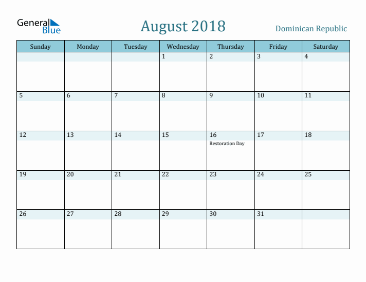 August 2018 Calendar with Holidays