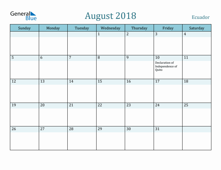 August 2018 Calendar with Holidays