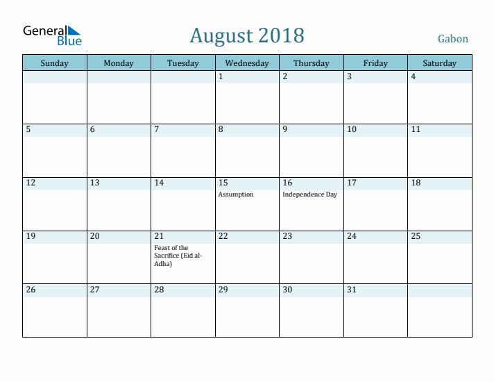 August 2018 Calendar with Holidays