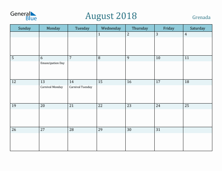 August 2018 Calendar with Holidays