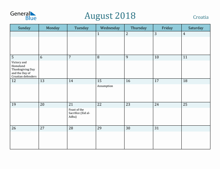 August 2018 Calendar with Holidays