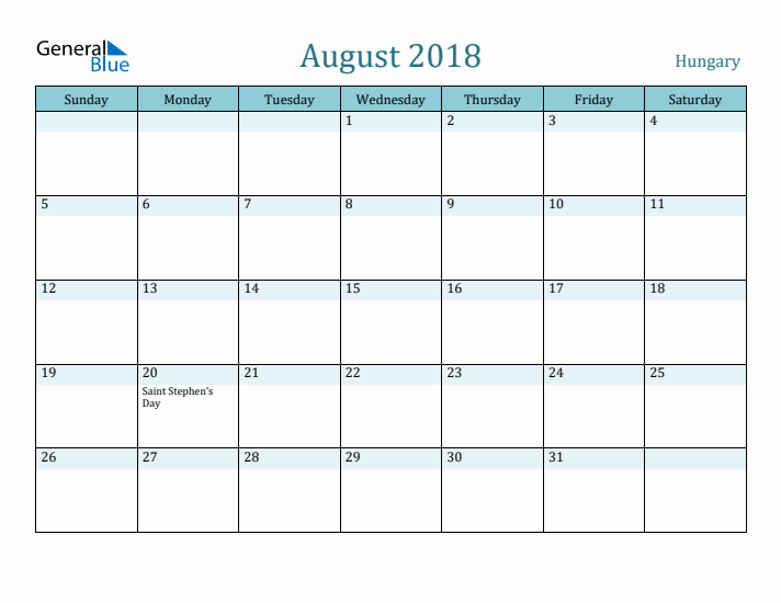 August 2018 Calendar with Holidays