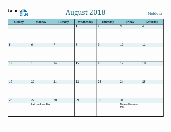 August 2018 Calendar with Holidays