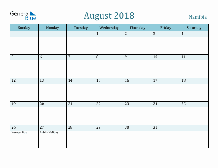 August 2018 Calendar with Holidays