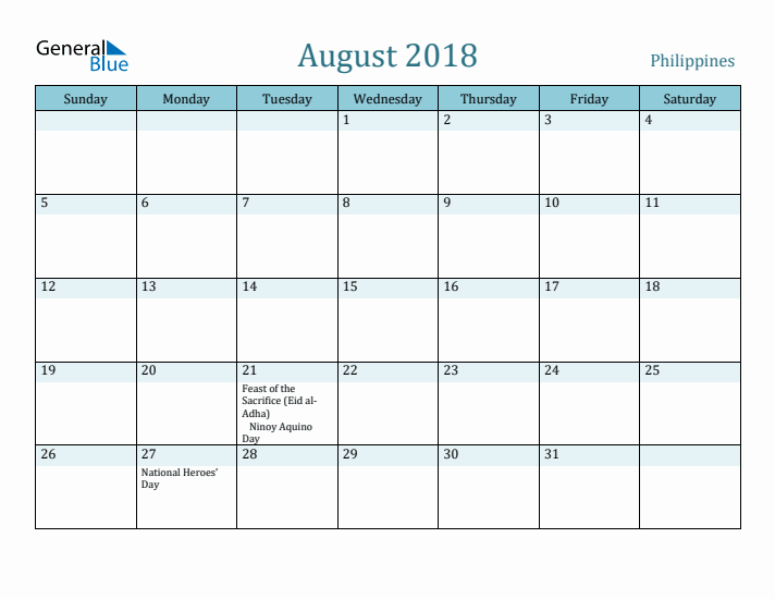 August 2018 Calendar with Holidays