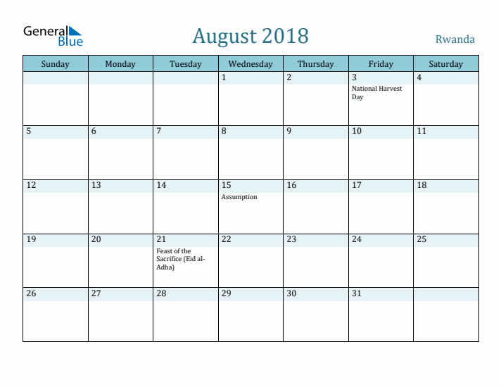 August 2018 Calendar with Holidays