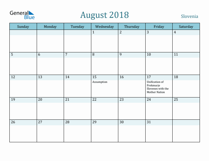 August 2018 Calendar with Holidays