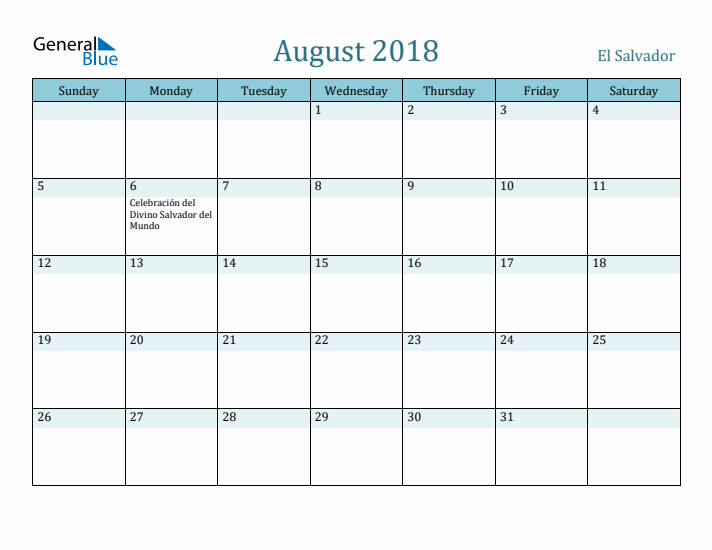 August 2018 Calendar with Holidays