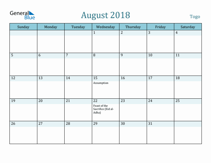 August 2018 Calendar with Holidays