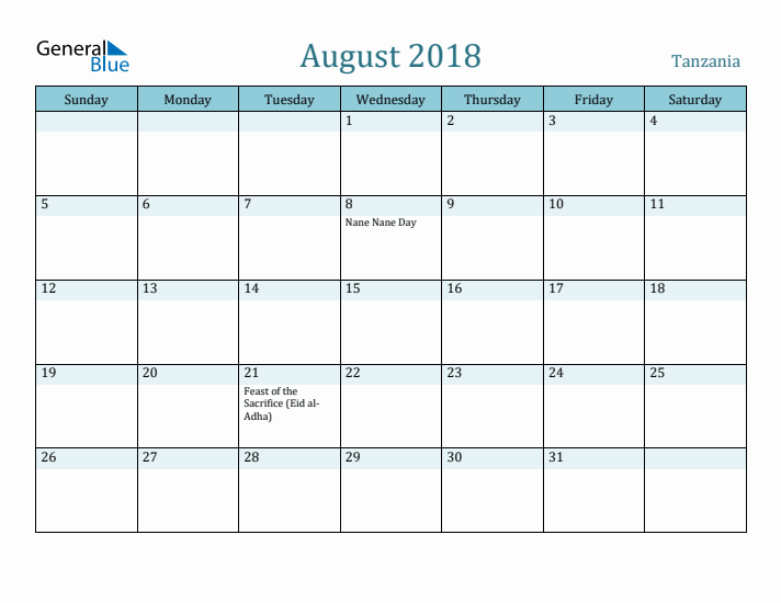 August 2018 Calendar with Holidays