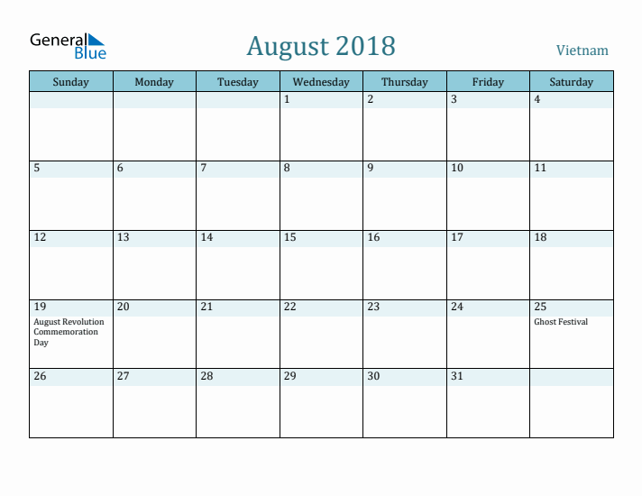 August 2018 Calendar with Holidays