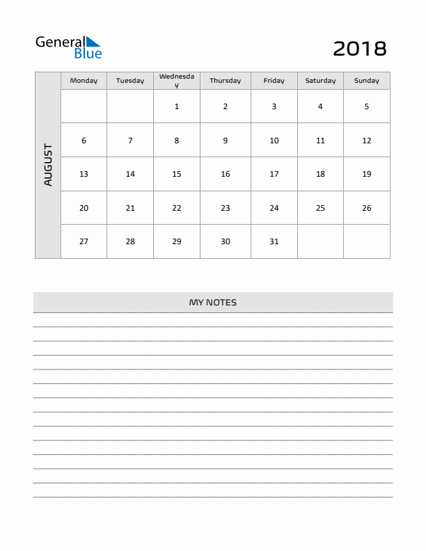 August 2018 Calendar Printable