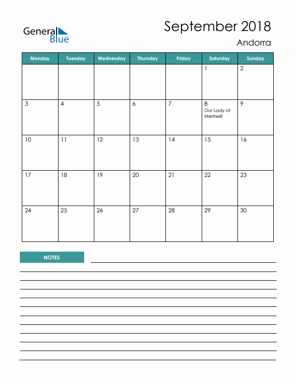 Calendar with Notes Printable - Monday Start