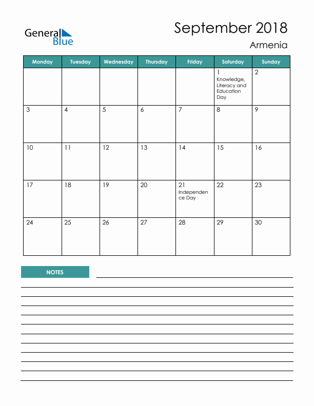 Calendar with Notes Printable - Monday Start