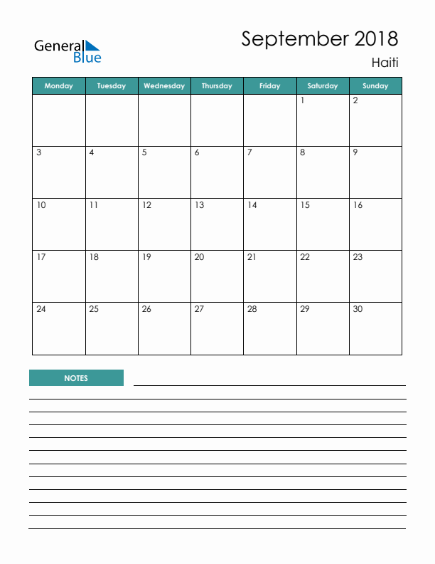 Calendar with Notes Printable - Monday Start