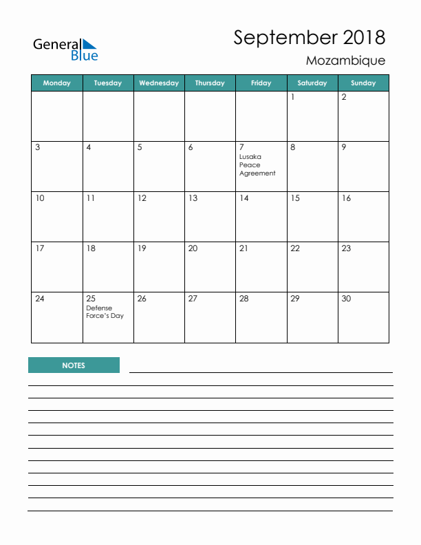 Calendar with Notes Printable - Monday Start