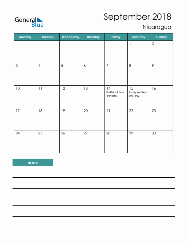 Calendar with Notes Printable - Monday Start