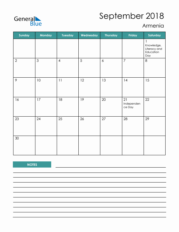 Calendar with Notes Printable - Sunday Start