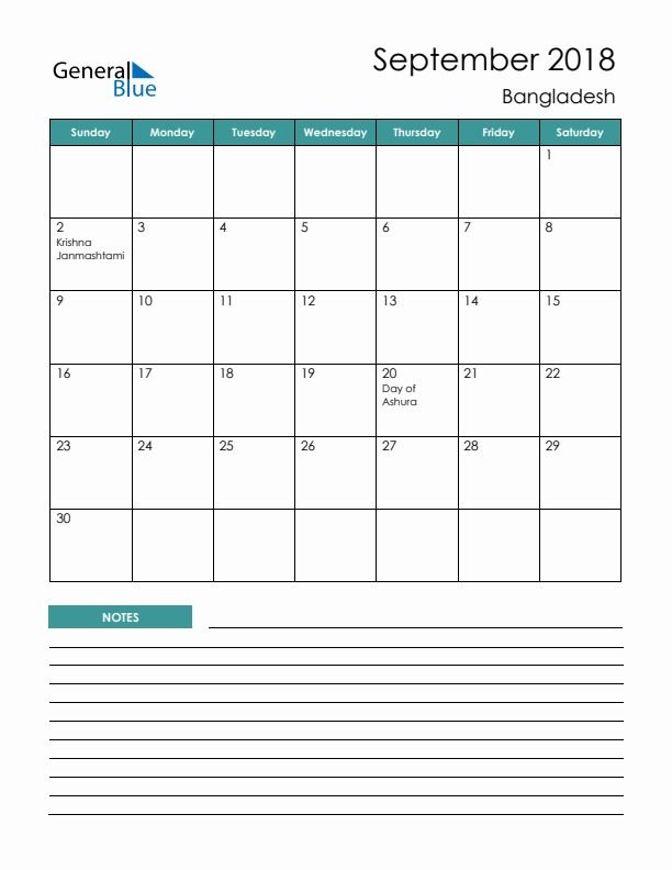 Calendar with Notes Printable - Sunday Start