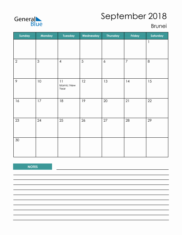 Calendar with Notes Printable - Sunday Start