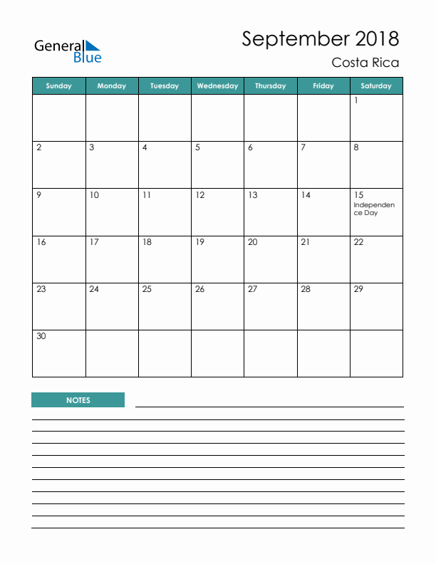 Calendar with Notes Printable - Sunday Start