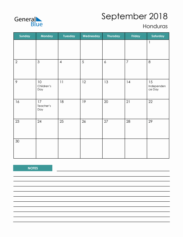 Calendar with Notes Printable - Sunday Start