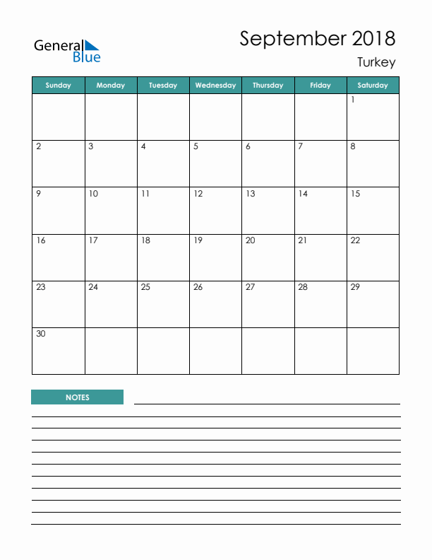 Calendar with Notes Printable - Sunday Start