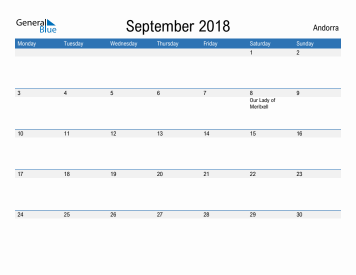 Fillable September 2018 Calendar