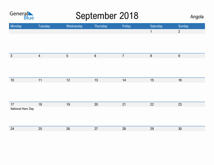 Fillable September 2018 Calendar