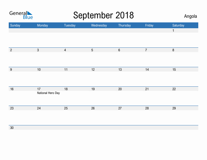 Fillable September 2018 Calendar