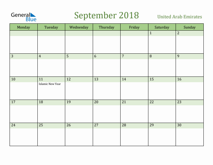 September 2018 Calendar with United Arab Emirates Holidays