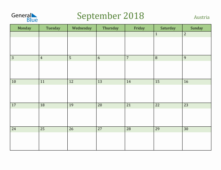 September 2018 Calendar with Austria Holidays