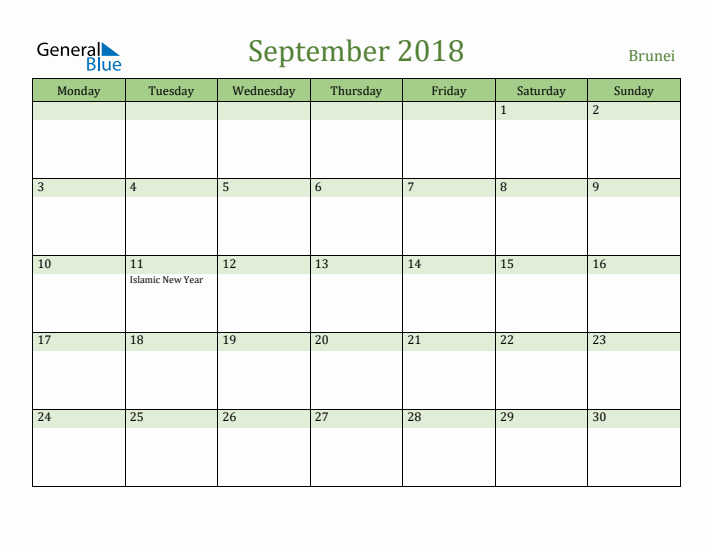 September 2018 Calendar with Brunei Holidays