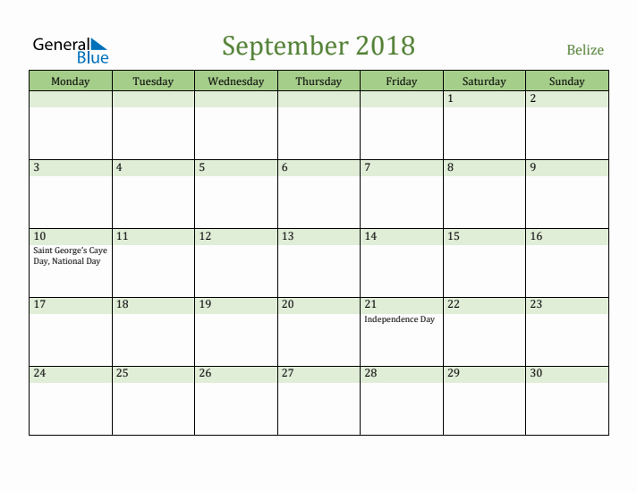 September 2018 Calendar with Belize Holidays