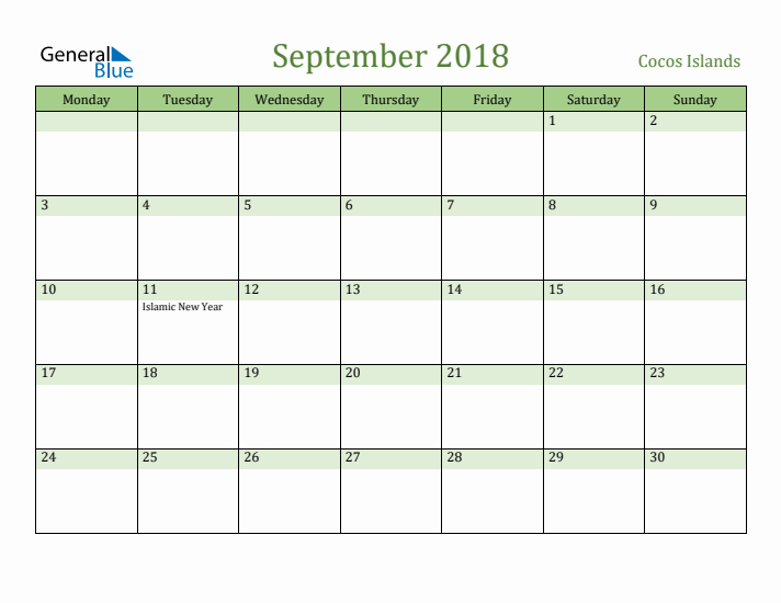 September 2018 Calendar with Cocos Islands Holidays