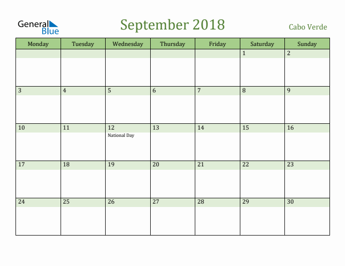 September 2018 Calendar with Cabo Verde Holidays