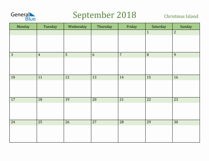 September 2018 Calendar with Christmas Island Holidays