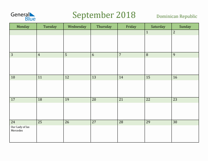 September 2018 Calendar with Dominican Republic Holidays