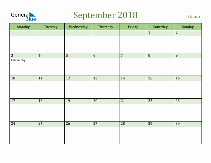 September 2018 Calendar with Guam Holidays