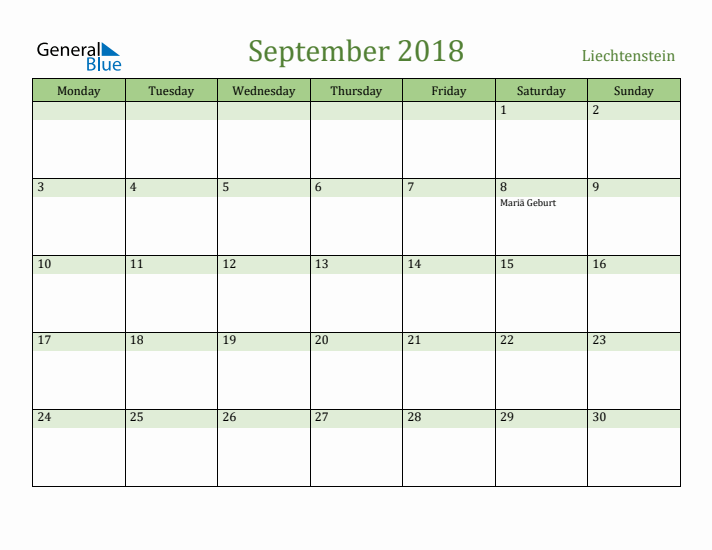 September 2018 Calendar with Liechtenstein Holidays